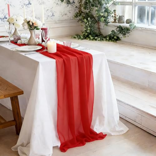 Tischläufer Rot Chiffon, 300x75CM Dekostoff Tischdeko Tischband | Tischläufer Boho für Hochzeitsdeko Geburtstagsfeiern Weihnachten Silvester von Küche Tisch Dekoration Drinnen Outdoor Garten