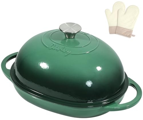 Davivy 6QT - Forno olandese ovale in ghisa per pane a lievitazione naturale, 22,1 x 27,9 cm, pentola olandese con coperchio a cupola, pentola per pane in ghisa smaltata (verde foresta, con guanti da