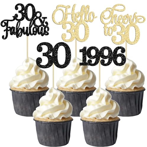 Gyufise 30Pcs 30th Birthday Cupcake Toppers Glitter Hello 30 Cake Toppers Cheers to 30 1996 Thirty Cupcake Picks for Happy 30th Birthday Anniversary Party Cake Decorations Gold Black