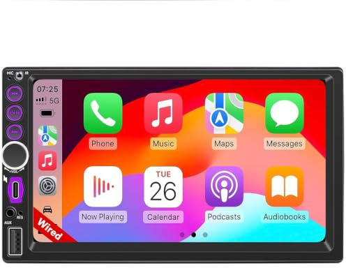 Autoradio Double DIN da 6.99 con Apple CarPlay Cablato per Ricevitori Audio da Cruscotto — Bluetooth, Android Auto, Touchscreen, SWC, FM, Mirror Link, Type-C