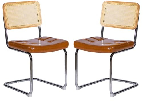 2er Set Freischwinger Esszimmerstühle, Retro Stuhl mit Wiener Geflecht Rückenlehne & Gepolsterter Sitz aus Kunstleder in Braun, Modernes Design mit Verchromtem Stahlgestell, Stabile Küchenstühle