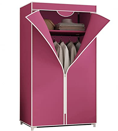 Bärbar tyggarderob med hängande skena och hyllor tyggarderob för klädförvaring snygg rosa design – 155 x 70 x 45 cm