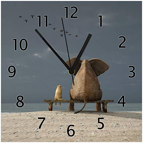 Wallario Design-Wanduhr Elefant und Hund sitzen auf Einer Bank aus Glas, Motiv-Uhr Größe 30 x 30 cm, Schwarze Zeiger