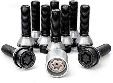 H&R Radschrauben Satz Kegelbund mit bewegliche Kegelbund M14x1.25 - Länge 43mm - Schwarz - 10 Stück (z.B. kompatibel mit BMW) - inkl. Felgenschloss