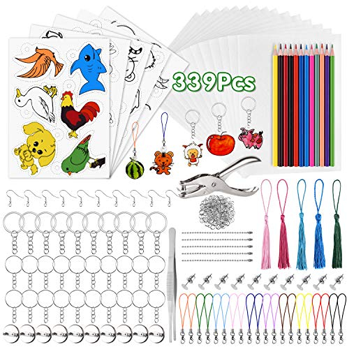 PLULON 339 Stk schrumpffolie set, 20 leeres schrumpfendes Dinkpapier, 5 Schrumpfkunstpapier mit Muster, Locher, Buntstifte, Schlüsselanhänger Zubehör für DIY Ornamente, Kunsthandwerk