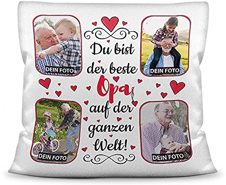 Print Royal Kissen mit Füllung zum selbst Gestalten mit 4 Fotos - Für den besten Opa - Hochwertige Kissenhülle mit Reißverschluss, Weiß flauschig, 40 x 40 cm