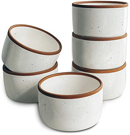 Mora Ceramic Ramekins - 6oz, Set of 6 - Small Oven Safe Baking Dishes/Cups - For Personal Pudding, Creme Brulee, Souffle, Serving Dip, Custard, Ice Cream - Single Mini Bowls - Vanilla White