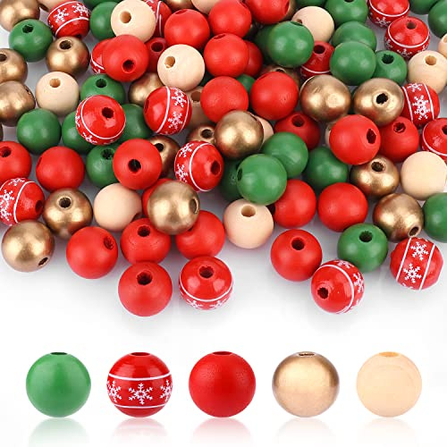 SAVITA 200 Stück Weihnachts-Holzperlen zum Basteln, 16 mm farbige Holzperlen mit 10 m Hanfseil, unlackiertes Holz, rund, mit Perlen, Weihnachtsperlen zum Basteln, Ornamente, Weihnachtsgirlande