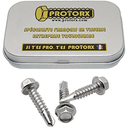 Vis Autoforeuse Metal M5,5 x 25mm : Boite 20 Pcs Visserie Inox pour Ecrou Rondelle | Vis Autoperceuse Pour Metal Tete Hexagonale a Embase Acier A2 - DIN 7504 K | Boite Rangement Vis PROTORX