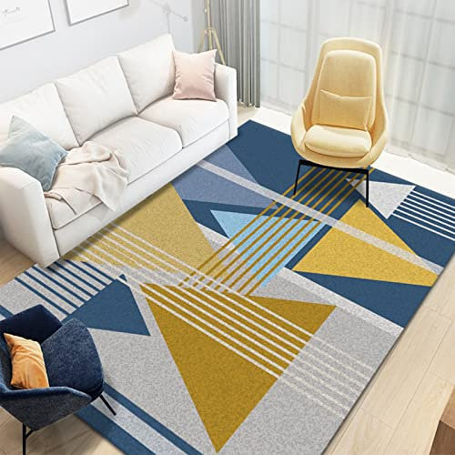 Rug-QJDDUP Kurzflor Teppich,Dark Blau, Sky Blau, Gelb Geometrisch Design, Blue, 80 x 150 cm, für Wohnzimmer Schlafzimmer Bett, Teppichen leicht zu reinigen, weich kuschelig