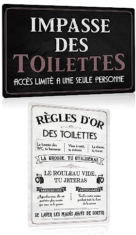 Lot de 2 - Toilettes Plaque Metal avec Humour Citation Français - Les règles des Toilettes - Drôle WC Panneau Pancarte - Decoration Murale Pour Maison Salle de Bain 20x30cm (Set 06)