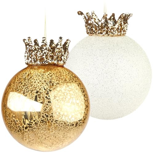 BRUBAKER Weihnachtskugel Set King - 2 Premium Baumkugeln aus Glas - Gold und Glitzer mit Kronen - 12 cm Christbaumschmuck König - Weihnachtsdeko Anhänger Baumdekoration