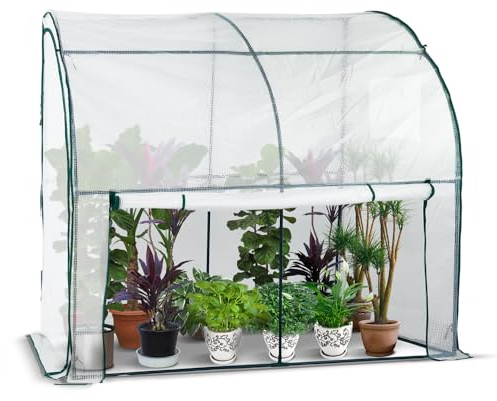 VOUNOT® Lean to Wall Greenhouse, Walk-In with Zipped Roll-Up Door, PE Cover 135g/m2 Small Grow House for Vegetables Plants Flowers Garden & Outdoor 200x100x180cm, White