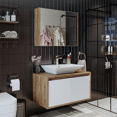 ROOMART • Badmöbel Set • Atlantic • 3-teilig • Keramik Waschbecken mit Unterschrank 65 cm, 85 cm, 100 cm, Spiegelschrank 80 cm (Weiß - Eiche, 85 cm)
