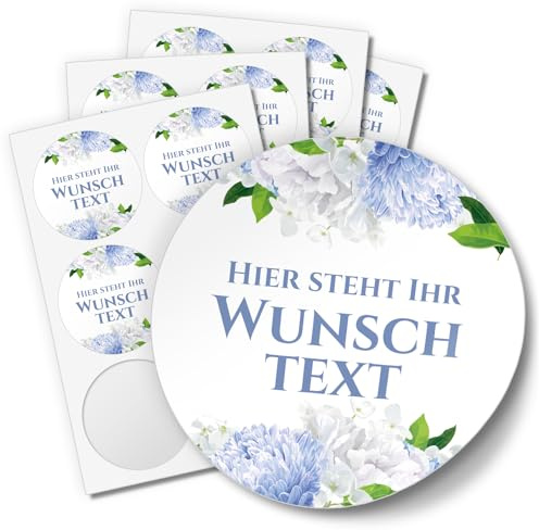 Einladungskarten Manufaktur Hamburg 24 PERSONALISIERTE Aufkleber mit Wunschtext individualisiert anpassbar Namen Datum Etiketten rund 4cm, blau Hortensie Boho