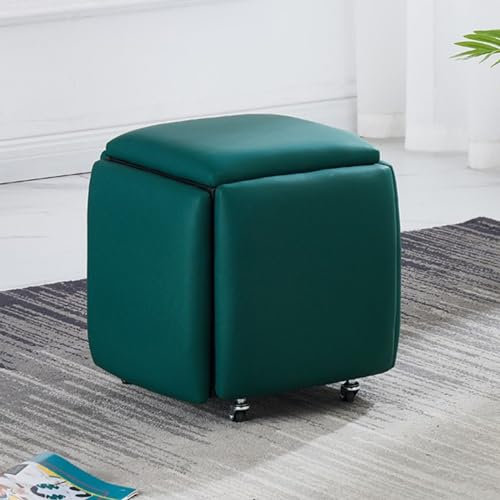 KUKIXKK 5 in 1 Stapelbarer osmanischer Würfelstuhl, Stapelbare Hocker, PU-lederne quadratische osmanische Bank, Fußhocker mit Rollen für Wohnzimmer, Esszimmer (Color : Green, Size : 35CM/13.8INCH)