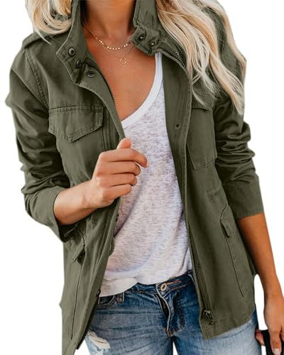Imily Bela Womens Jacket Ladies Utility Jacket Stand-Up Collar Parka Lightweight with Multiple Pockets Autumn(Army Green，M)