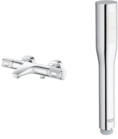 GROHE Mitigeur thermostatique douche Precision Feel, montage mural, indicateur & Get Stick Pommeau de douche 1 jet, Douchette Economie d'eau, Facile à installer et à nettoyer, Chromé