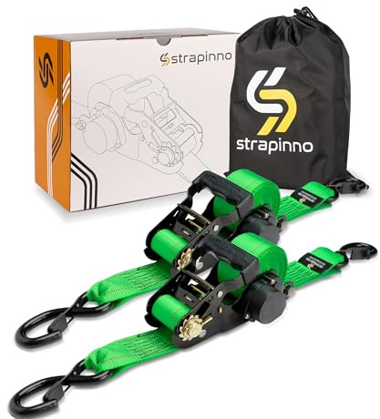 Strapinno Retractable Ratchet Tie-Down Straps,5,000 lbs Breaking Strength- 2 in x 12 ft Heavy Duty Ratchet Strap with Safety Lock S Hooks for Motorcycles, ATVs, UTVs, Lawn Equipment & Cargo (Green)