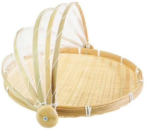 Bambus Picknick Korb Mit Fliegenhaube - Abdeckhaube für Essen, Brot, Obst, Gemüse - Runde Speise, Käse, Kuchen Abdeckhauben - Gaze Mesh Lebensmittel Zelt Abdeckung Servierkorb (30cm)