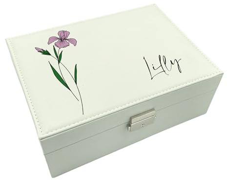 Personalised Birth Flower Jewellery Box, White Faux Leather, 23cm x 17.5cm x 9cm, Blush Leatherette, Peach Faux Suede Lining, Necklace Holder, Ring Roll, 6 Compartments