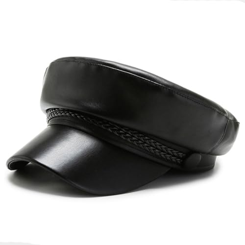 Damen Fiddler Cap Newsboy PU-Leder Schirmmütze Fischerhut Fiddler Cabbie Cap Paperboy Captain Cap Schwarz