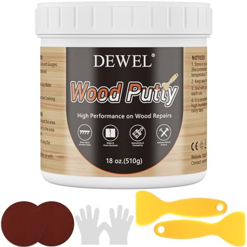 DEWEL 500g di Stucco per Legno, Stucco Per Legno Riempitivo per Riempire Buchi Profondi, Stucco per Legno da Esterno Include 4 In Carte Carta Vetrata Grana 240, Bianco