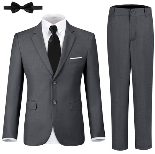 JPF Formelle Anzüge für Jungen, schmale Passform, 5-teiliges Kinderanzug-Set, Jacke, Hose, Set mit Hemd und Krawatte für Hochzeit, Abschlussball, 5 Stück, Dunkelgrau, 10