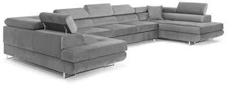 COMFORTINO FURNITURE Ecksofa mit Schlaffunktion Big PASTI U-Form, Sofa Couch mit Bettkasten, 3-Sitzer Eckcouch, Schlafsofa für Wohnzimmer, Big Sofa Couch mit Schlaffunktion (Hellgrau)