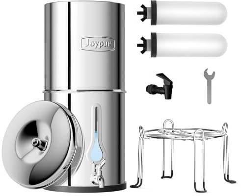 Joypur Filtre à Eau par Gravité Acier Inoxydable 304, Réservoir 8.5L avec 2 Cartouches Céramiques, Système 38000L, Hublot Goutte, pour Maison, Camping