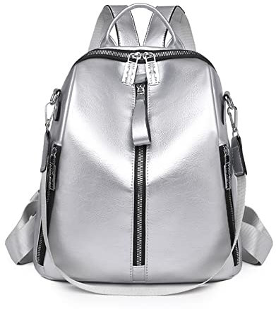 JOJOJ Luxus Damen Rucksäcke Damen Schultasche Silber Qualität Weiches Leder Mädchen Schulter Rucksäcke(Silver)