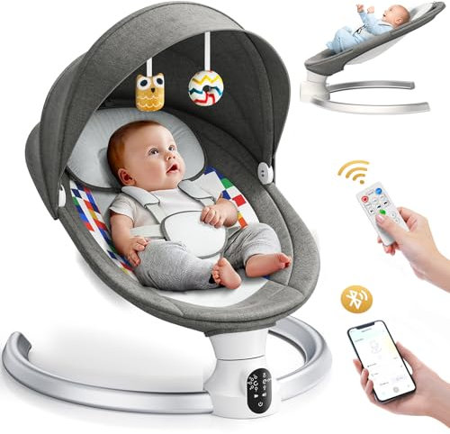 Ixdregan Operazione APP Sdraietta Neonati,Imbracatura a 5-Punti Migliorata Altalena Neonato Elettrica con 3 Timer,5 Velocità di Altalena,10 Musiche, Sdraietta Neonati Bluetooth Imbottita Morbida 0-9kg