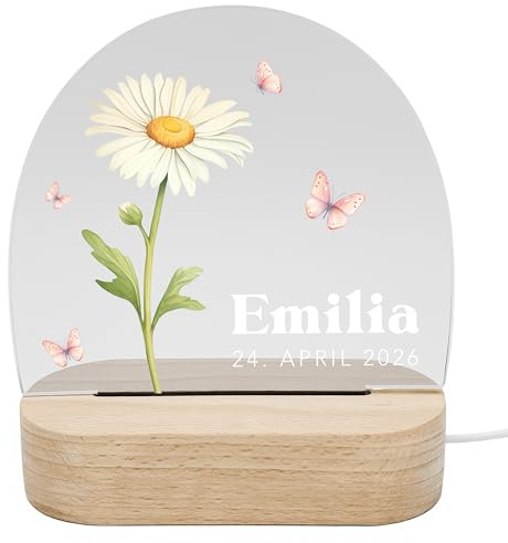 DEL MÀ Unique & Personal Geburtsgeschenk Mädchen Nachtlicht personalisiert Baby Geschenk zur Geburt Blumen Babygeschenk Monatsblumen Babyzimmer Nachtlampe Inkl. Holzfuß (April - Gänseblümchen)