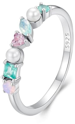 Kerraom Anello Argento 925 con Pietre Arcobaleno — Anelli Perla Impilabili Sottile Donna Colorato con Zirconi, Gioiello Regalo per Ragazze