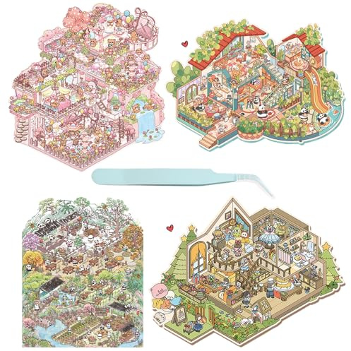 FOSDICK 4 Sets Groß 3D Sticker Scene, DIY 3D House Stickers + 1Pcs Pinzette, Interessant Room Sticker Book, DIY Aufkleber Scene, Fun Stacking Scene Aufkleber, Miniatur Szene sticker Set for Adult Kids