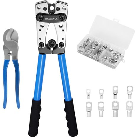 OKSTENCK Cable Crimping Tool,with 60 x 8 Size Copper Ring Terminals and Cutters with Cable Cutting Pliers, Crimp Range 6-50m㎡(8-1/0AWG), Battery Terminal Crimper, Heavy Duty Copper Lugs, Wire Lugs.