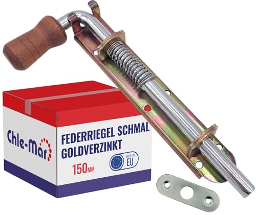 Chle-Mar Federriegel 150 mm verzinkter Schieberiegel mit Federmechanismus | Torverriegelung, Ideal für Türen, Tore, Gartentore & Ställe, Türriegel mit Holz- oder Kunststoffgriff, Federbolzen