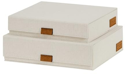 LOVE IT STORE IT Premium 2 stycken förvaringslådor med lock – dokumentlåda – A4 – linnetyg – magnetiskt lås – gångjärnslock – beige – 28 x 23 x 6 cm och 31 x 25 x 8 cm