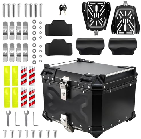 LASIEYO Motorcycle Top Case, 45L Aluminum Motorcycle Trunk Waterproof and Dustproof, Motorcycles Top Box for Storage Helmet, Universal Motorbike Top Case with Security Lock and 2pcs Baseplates, Black