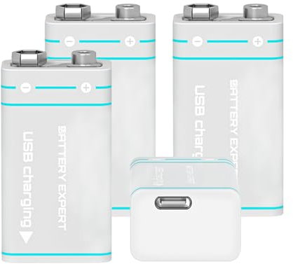 Batterie Ricaricabili da 9V a Tensione Costante Alta Capacità 1000mAh Ricarica USB Type-C Batteria 6F22 6LR61 PP3 per Rilevatori Fumo, Multimetro, Telecomando, Walkie-Talkie (4 pezzi)