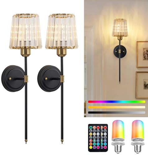 FTL Crystal Rechargeable Wall Sconce Set of Two, Black Battery Powered Wall Lights with Remote, USB Dimmable Cordless Wall Lamp, Battery Operated Wall Lighting for Living Room Hallway, Bulbs Included