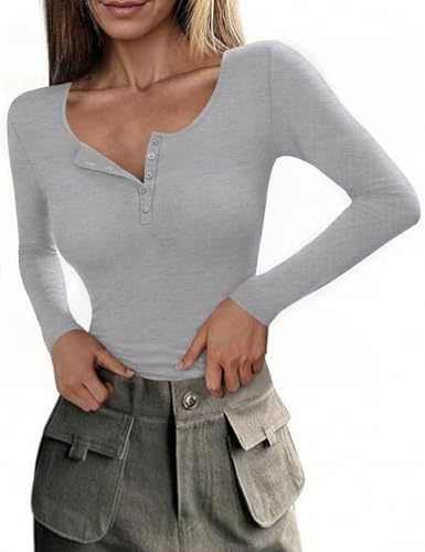 Totatuit Maglietta Donna Basic Manica Lunga,Top Elasticizzato a Costine con Chiusura a Bottoni,Look Casual per Tutti i Giorni Grigio M