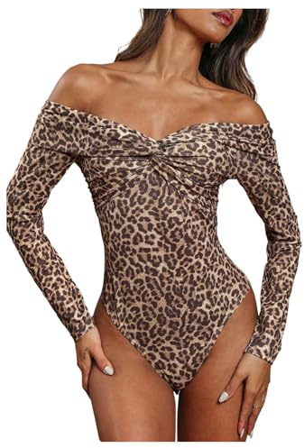 SweatyRocks Women's Sexy Leopard Print Bodysuit Off The Shoulder Ruched Wrap Leotard Going Out Tops Multicolor S