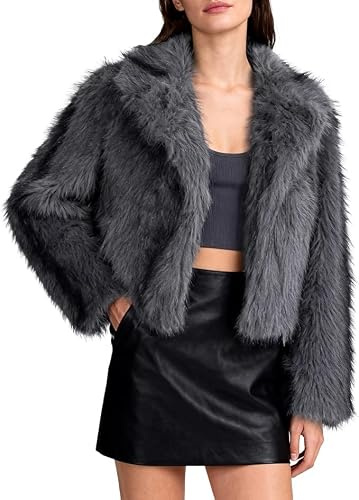 Amazhiyu Womens Faux Fur Coat with Pockets, Plush Winter Long Sleeve Jacket Grey M