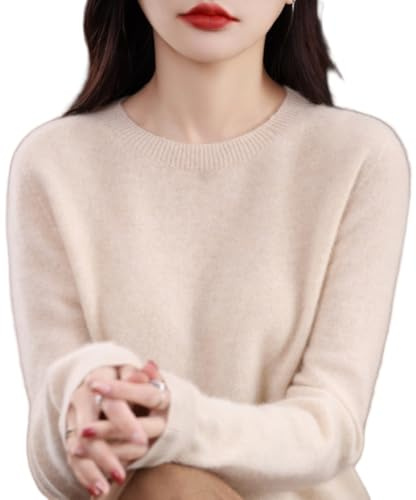 Generisch 100% Kaschmirpullover für Damen, langärmeliger Rundhalsausschnitt, weicher, Warmer Pullover, Slim Fit-Pullover für Damen (Apricot,M)