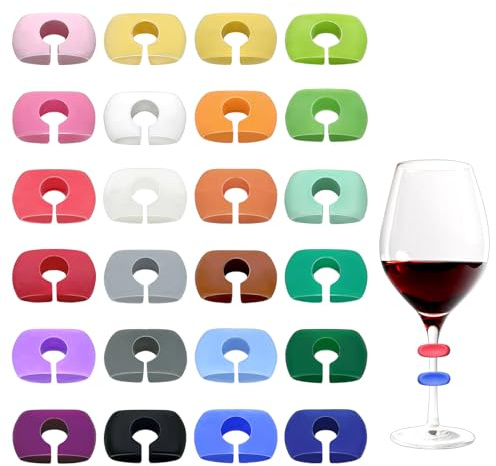 24PCS Wine Glass Markers Charms, Reusable Silicone Drink Tags for Wine Glasses, Champagne, Cocktails & Beer Bottles, Colorful Cup Identifiers for Bar, Party, Wedding, Birthday & Home Entertaining