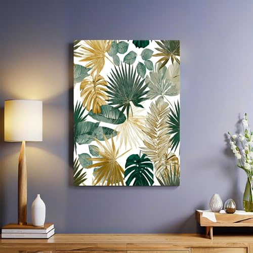 Oro E Verde Stampe su Tela Foglie tropicali e fronde di palma 40 x 30 cm Quadri Moderni con Cornice Pronti da Appendere per Soggiorno Camera da Letto Cucina Bagno