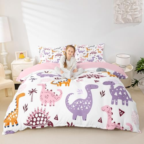 Homemissing Dinosaure Housse de Couette 140x200cm Palmiers Parure de Lit pour Garçons Filles Dinosaure coloré Ensemble de literie 2 pièces Mignon Animaux Décoration de la Chambre des Enfants