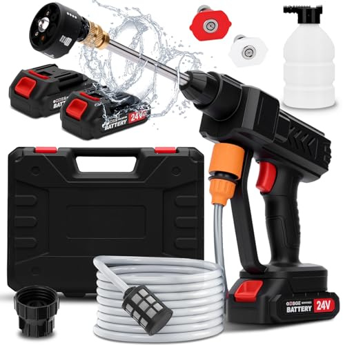 Hidrolimpiadora Bateria, Portátil Hidrolimpiadora de Alta Presión, Lavadora Inalámbrica con 2 Baterías, 6 en 1 Boquilla Multiusos y Tubo de 5 m para Coche, Terraza, Jardín