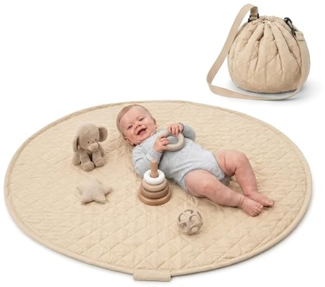 ZURMATRADE Krabbeldecke rund 110cm – Extra Weich, Dick Gepolstert, Waschbar, Schadstofffrei, Spieldecke Baby für unterwegs,Zusammenziehbar, mit abnehmbaren Tragegriff,Spielmatte Baby beige,to go